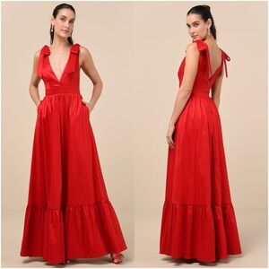 LULU’S Rare Charm Red Taffeta Tie-Strap Maxi Dress With Pockets